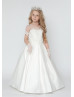 Short Sleeves Beaded Ivory Lace Satin Pearl Long Flower Girl Dress Princess Dress